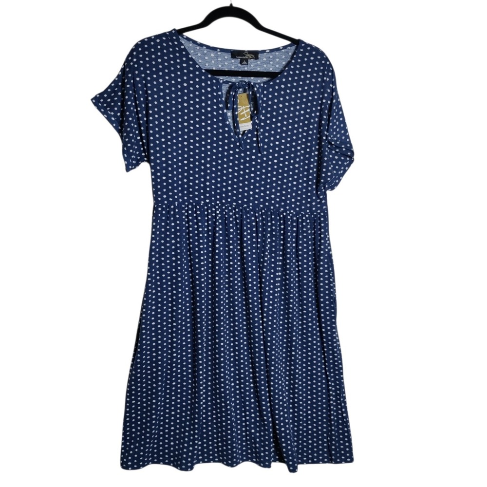 Suzanne Betro Blue Polka Dot Empire Knit Dress Large